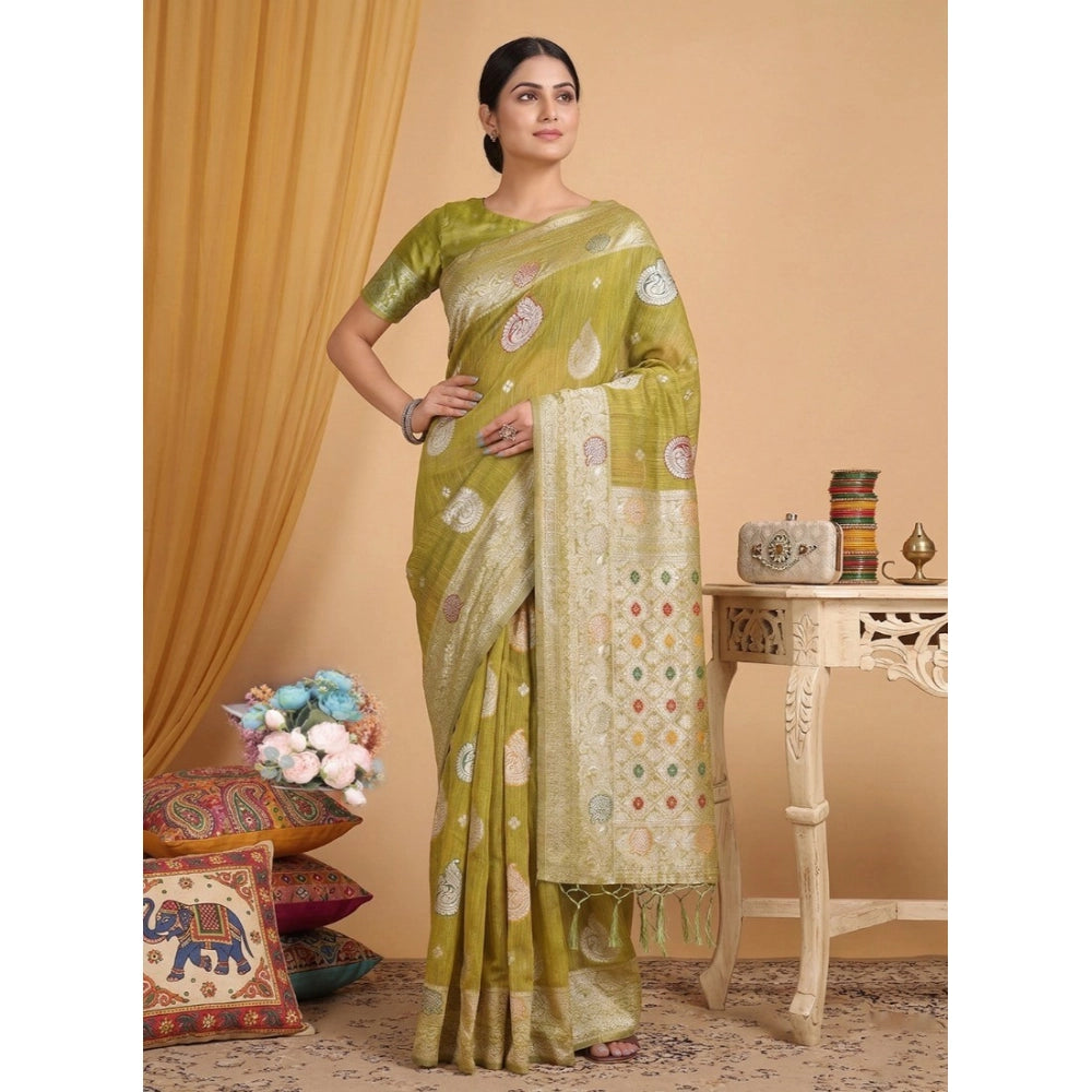 Women's Linen Cotton Printed Saree With Unstitched Blouse 5.5mtr (mustard) | Women Signature Collection