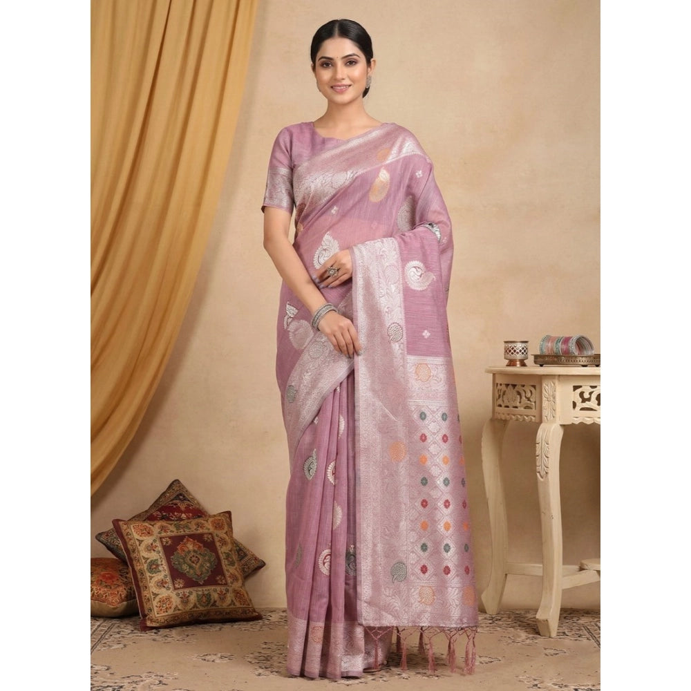 Women's Linen Cotton Printed Saree With Unstitched Blouse 5.5mtr (purple) | Women Signature Collection