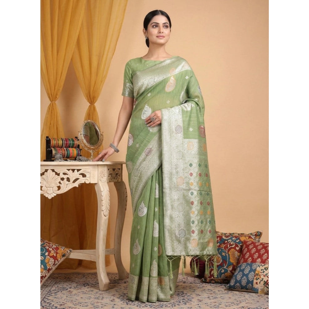 Women's Linen Cotton Printed Saree With Unstitched Blouse 5.5mtr (light Green) | Women Signature Collection