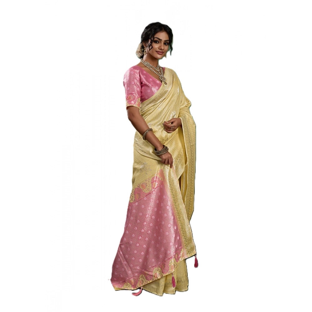 Women's Linen Cotton Printed Saree With Unstitched Blouse 5.5mtr (yellow ) | Women Signature Collection