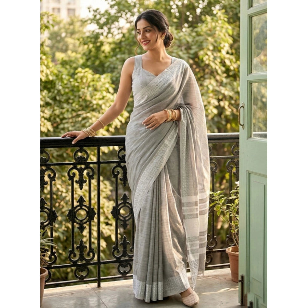 Women's Linen Striped Saree With Unstitched Blouse 5.5mtr (gray) | Women Signature Collection