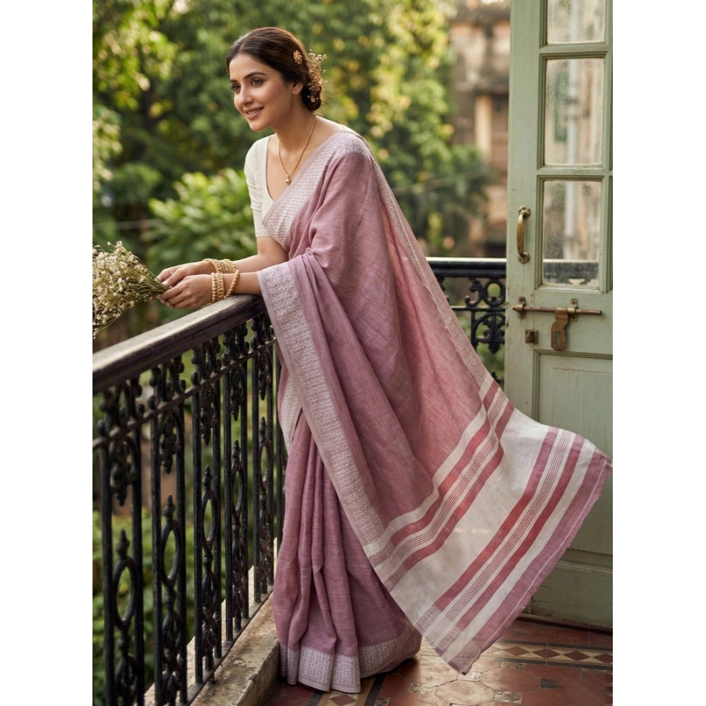 Women's Linen Striped Saree With Unstitched Blouse 5.5mtr (magenta) | Women Signature Collection