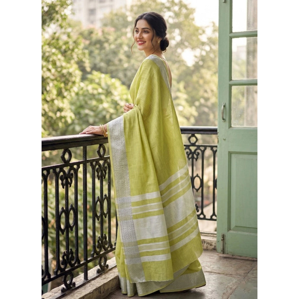 Women's Linen Striped Saree With Unstitched Blouse 5.5mtr (light Green) | Women Signature Collection