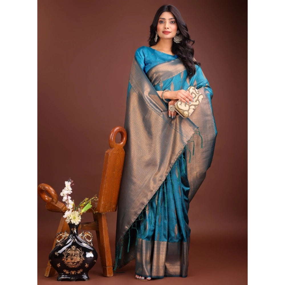 Women's Banarasi Silk Printed Saree With Unstitched Blouse 5.5mtr (blue) | Women Signature Collection
