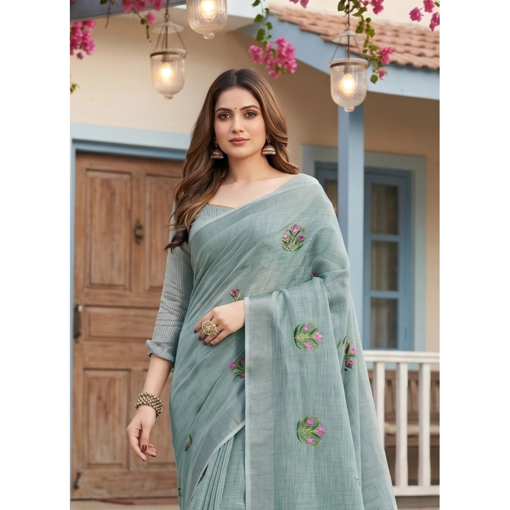 Women's Linen Embroidered Saree With Unstitched Blouse 5.5mtr (sea Green) | Women Signature Collection