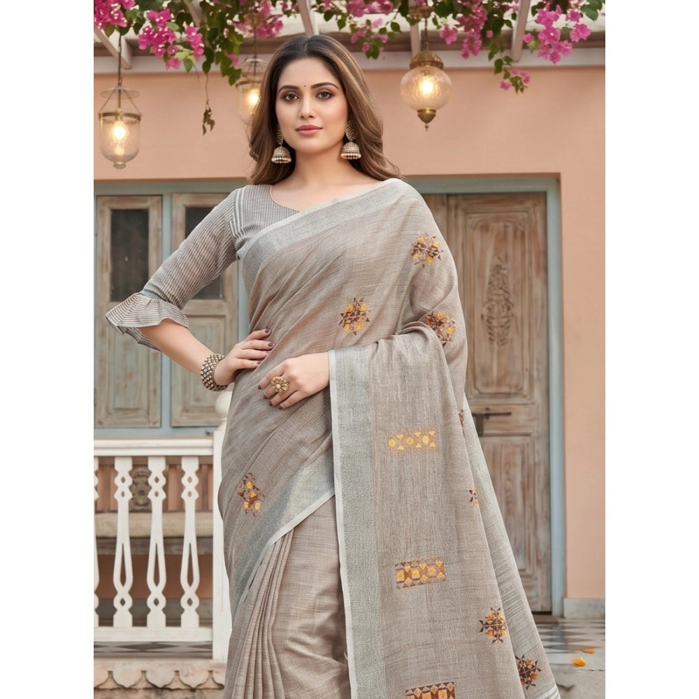 Women's Linen Embroidered Saree With Unstitched Blouse 5.5mtr (light Beige) | Women Signature Collection