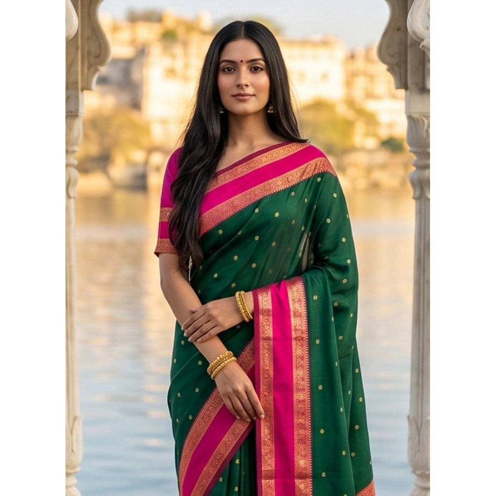 Women's Silk Blend Printed Saree With Unstitched Blouse 5.5mtr (dark Green Pink) | Women Signature Collection