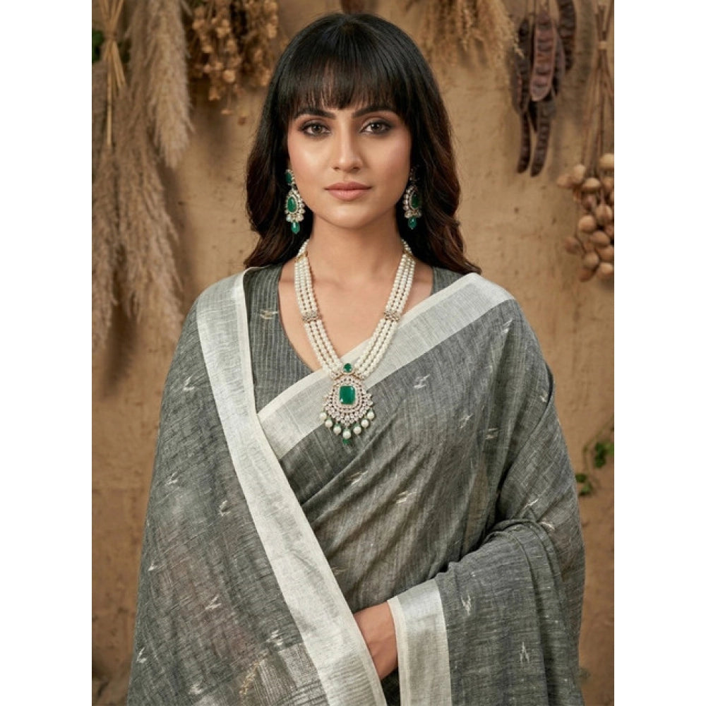 Women's Linen Cotton Printed Saree With Unstitched Blouse 5.5mtr (gray) | Women Signature Collection
