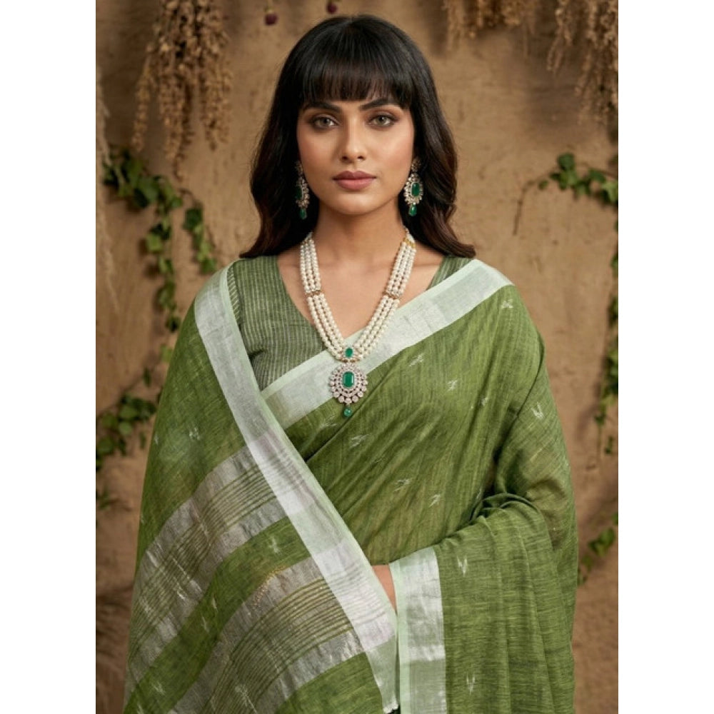 Women's Linen Cotton Printed Saree With Unstitched Blouse 5.5mtr (green) | Women Signature Collection