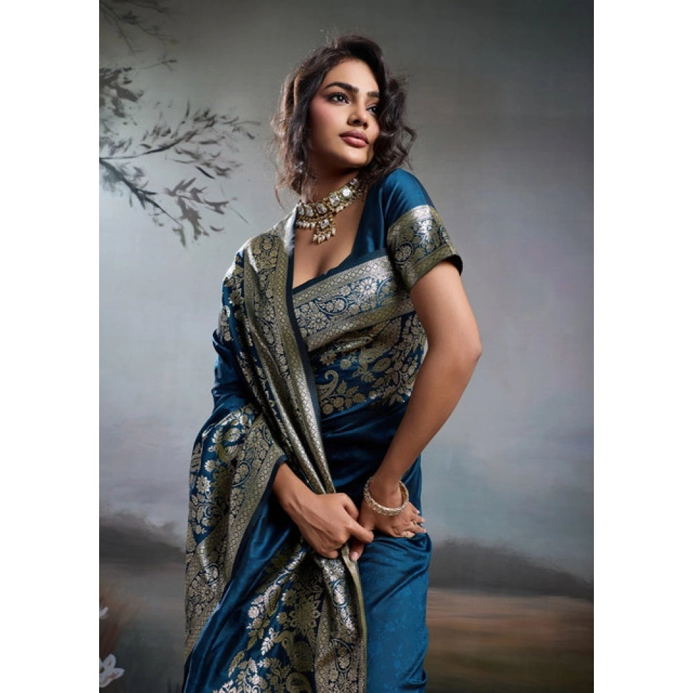 Women's Silk Blend Printed Saree With Unstitched Blouse 5.5mtr (navy Blue) | Women Signature Collection