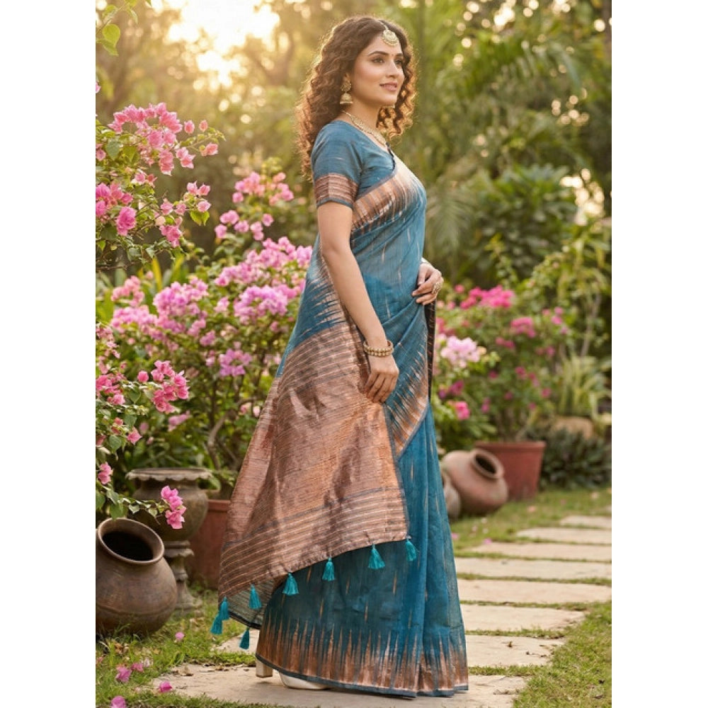 Women's Linen Cotton Printed Saree With Unstitched Blouse 5.5mtr (blue) | Women Signature Collection