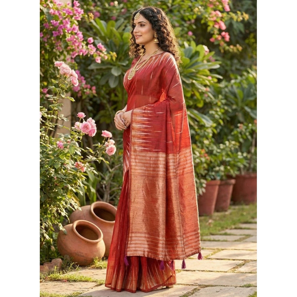 Women's Linen Cotton Printed Saree With Unstitched Blouse 5.5mtr (red) | Women Signature Collection