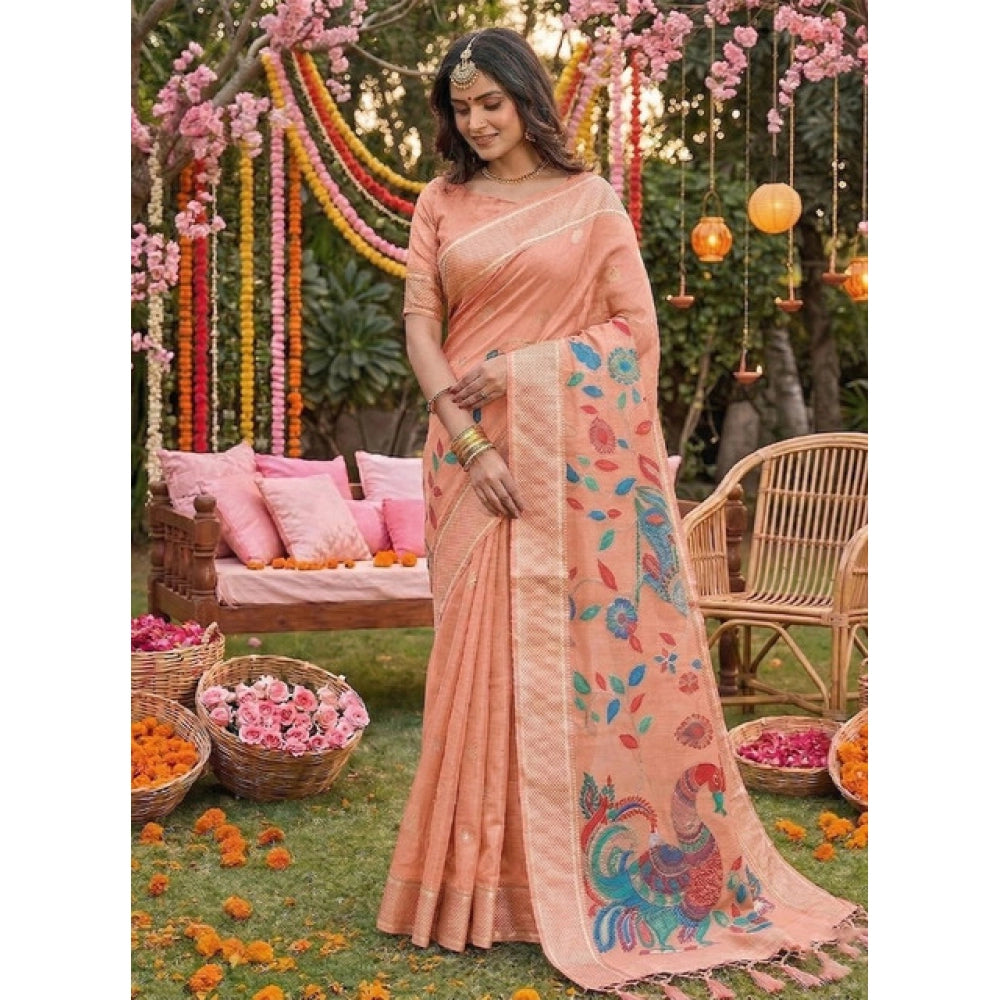Women's Linen Cotton Floral Embroidered Saree With Unstitched Blouse 5.5mtr (peach) | Women Signature Collection