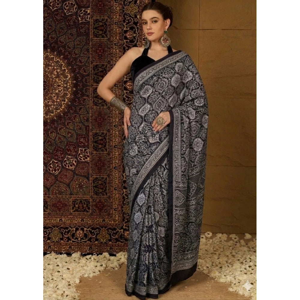 Women's Crepe Printed Saree With Unstitched Blouse 5.5mtr (black) | Women Signature Collection