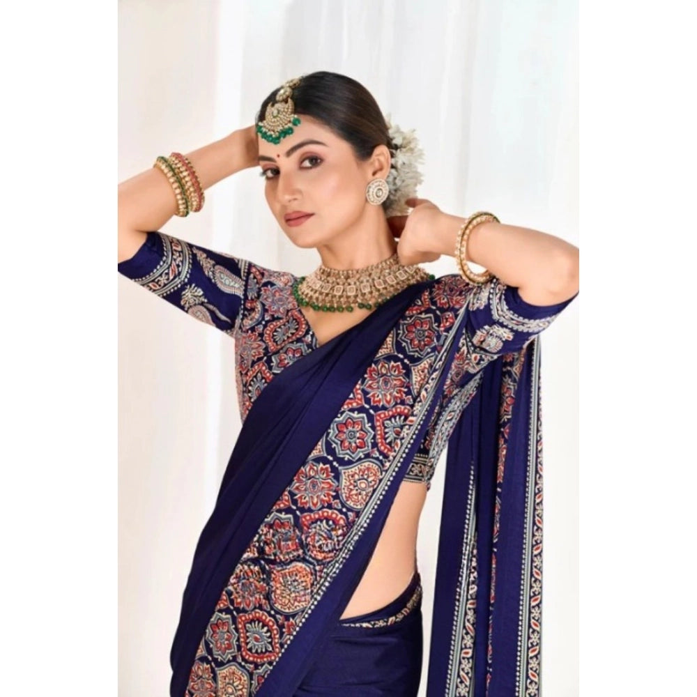 Women's Crepe Printed Saree With Unstitched Blouse 5.5mtr (navy Blue) | Women Signature Collection