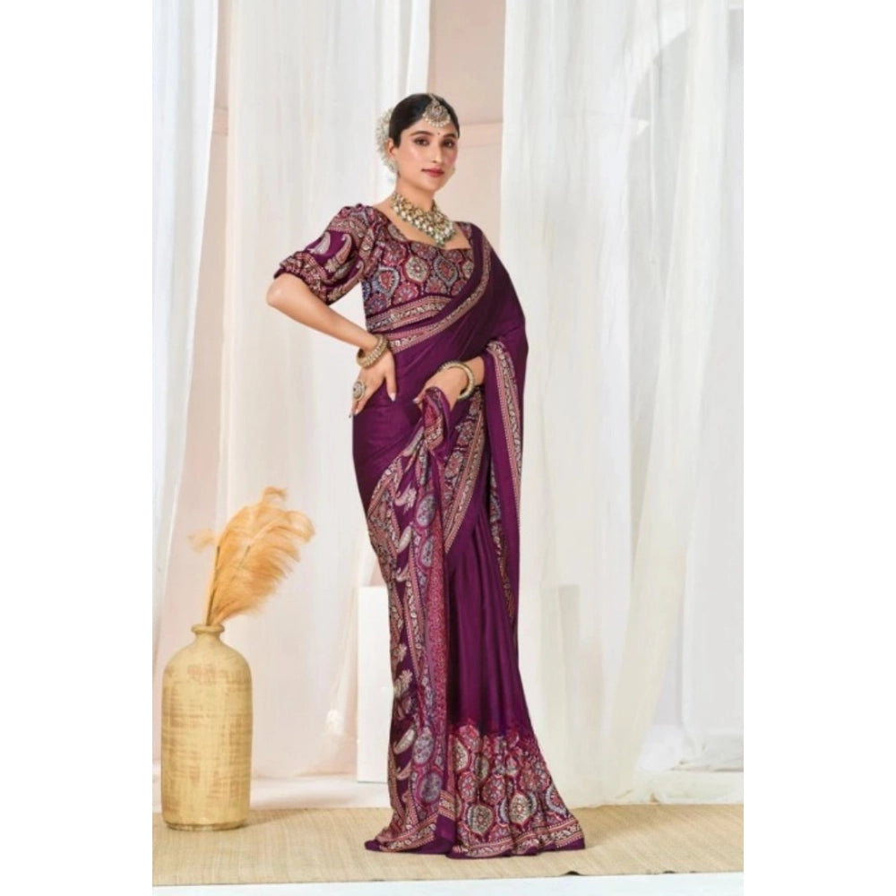 Women's Crepe Printed Saree With Unstitched Blouse 5.5mtr (wine) | Women Signature Collection