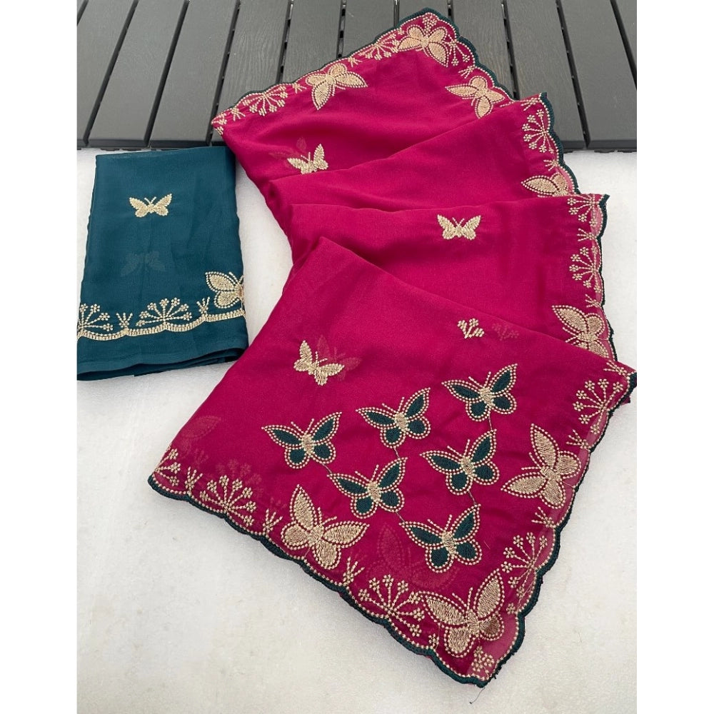 Women's Star Georgette Embellished Saree With Unstitched Blouse 5.5mtr (magenta Green) | Women Signature Collection