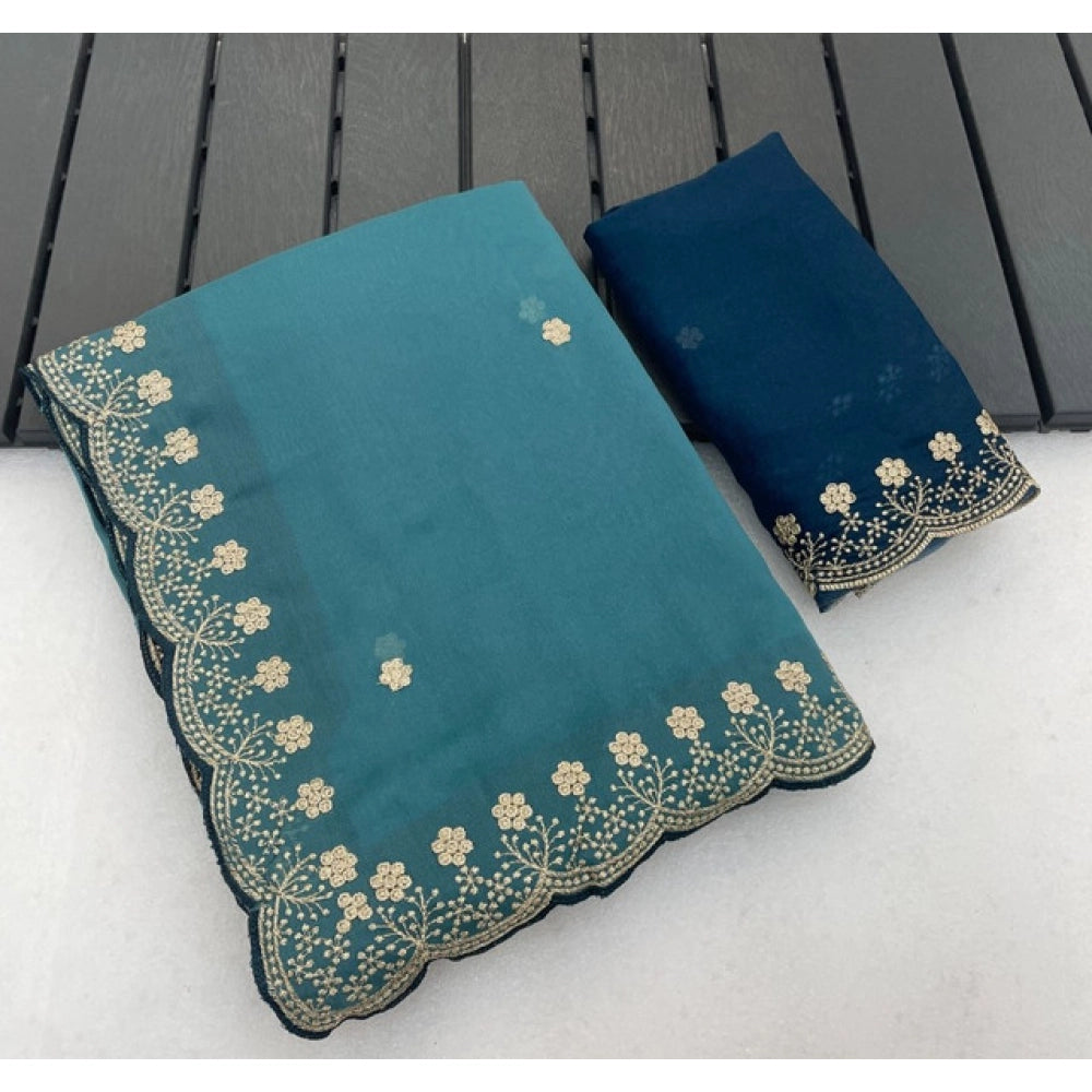 Women's Star Georgette Embroidered Saree With Unstitched Blouse 5.5mtr (blue) | Women Signature Collection
