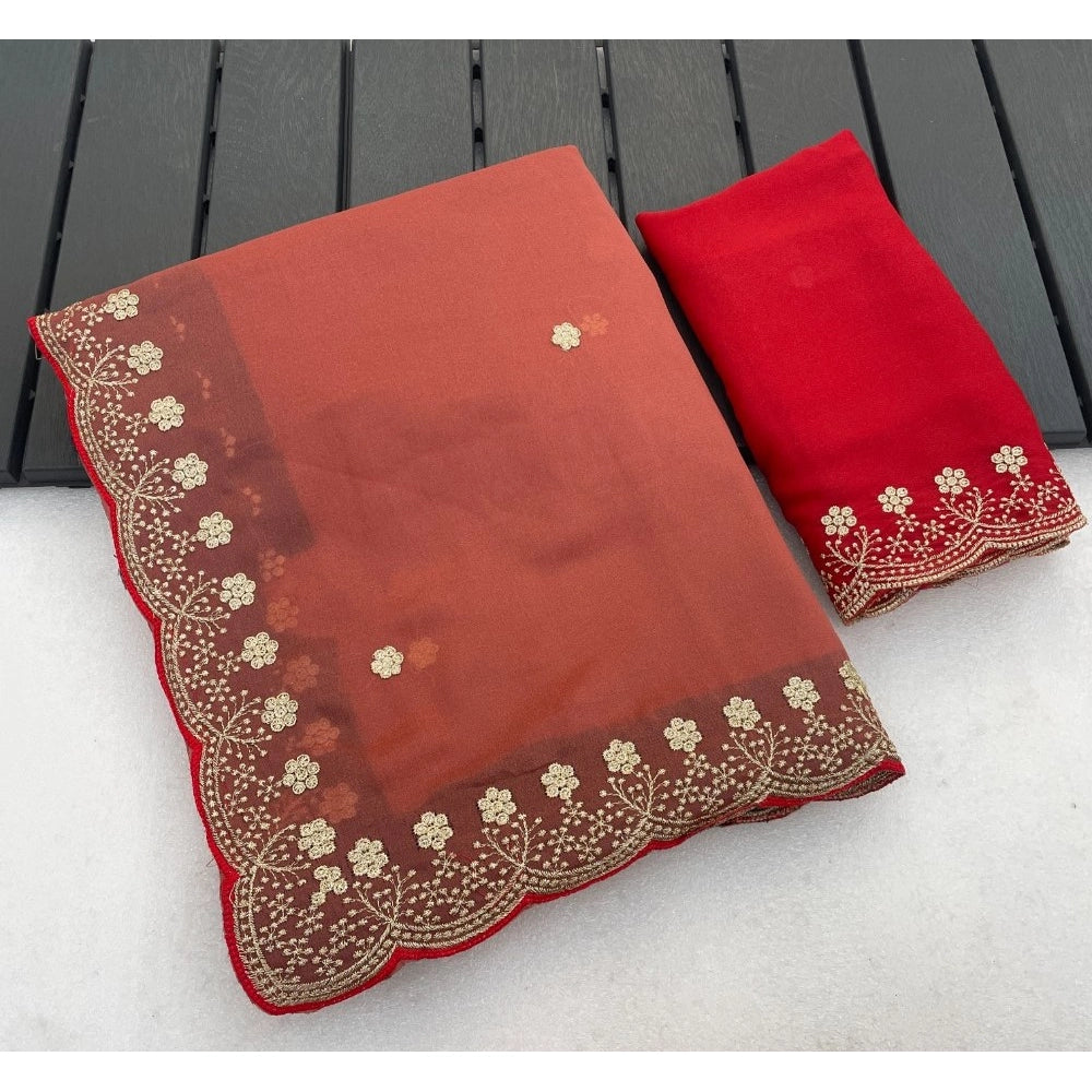 Women's Star Georgette Embroidered Saree With Unstitched Blouse 5.5mtr (orange) | Women Signature Collection