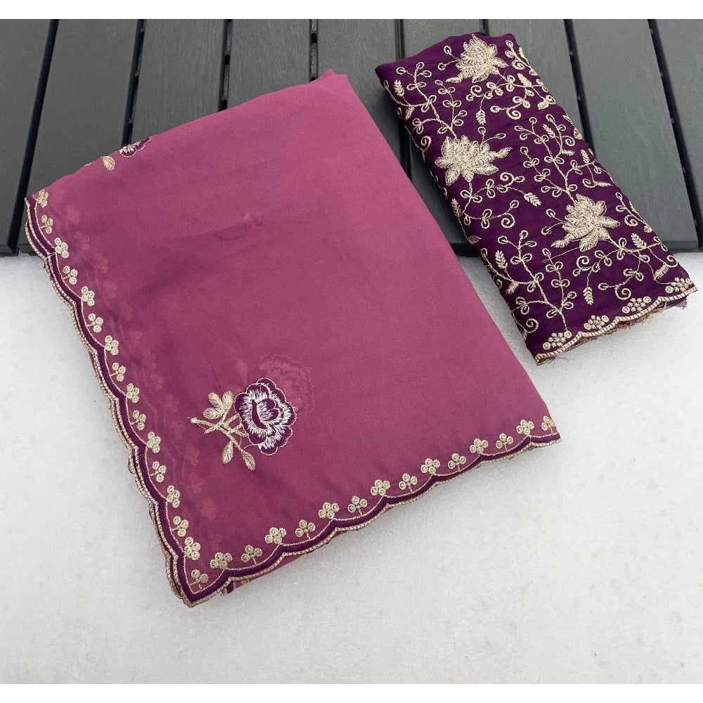Women's Star Georgette Embroidered Saree With Unstitched Blouse 5.5mtr (pink) | Women Signature Collection