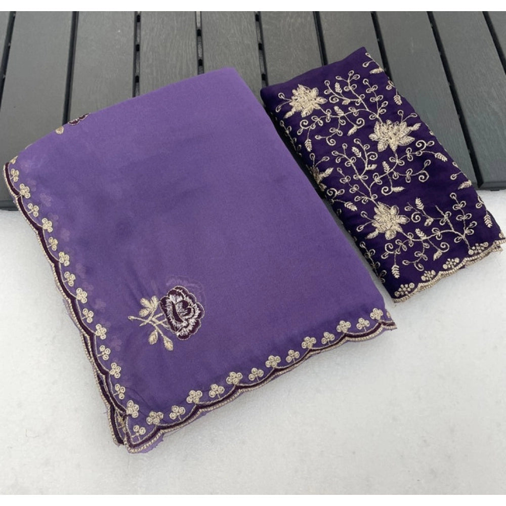 Women's Star Georgette Embroidered Saree With Unstitched Blouse 5.5mtr (purple) | Women Signature Collection