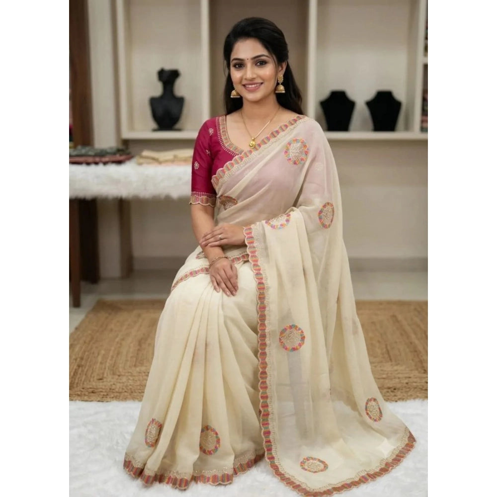 Women's Star Georgette Embroidered Saree With Unstitched Blouse 5.5mtr (cream) | Women Signature Collection