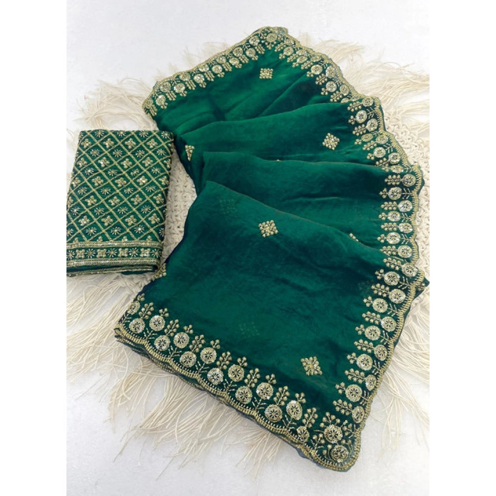 Women's Satin Embellished Saree With Unstitched Blouse 5.5mtr (green) | Women Signature Collection