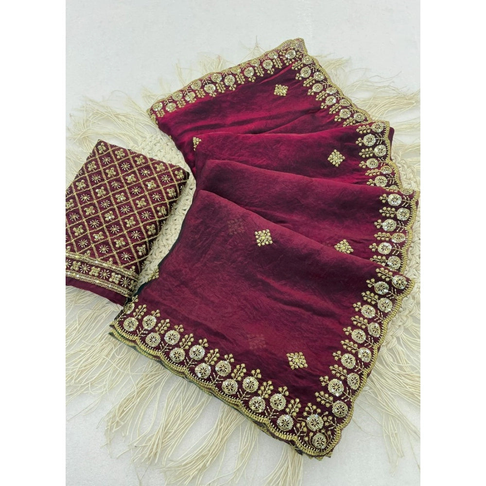 Women's Satin Embellished Saree With Unstitched Blouse 5.5mtr (wine Toned) | Women Signature Collection