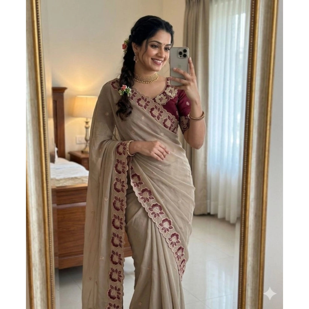 Women's Star Georgette Embroidered Saree With Unstitched Blouse 5.5mtr (beige) | Women Signature Collection