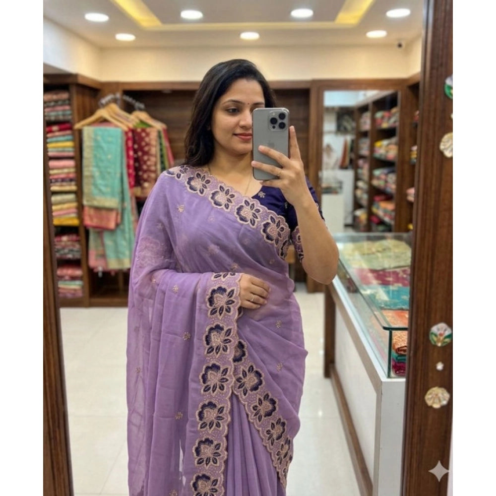 Women's Star Georgette Embroidered Saree With Unstitched Blouse 5.5mtr (purple) | Women Signature Collection