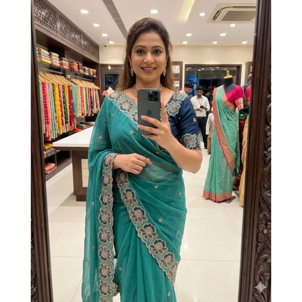 Women's Star Georgette Embroidered Saree With Unstitched Blouse 5.5mtr (sea Green) | Women Signature Collection