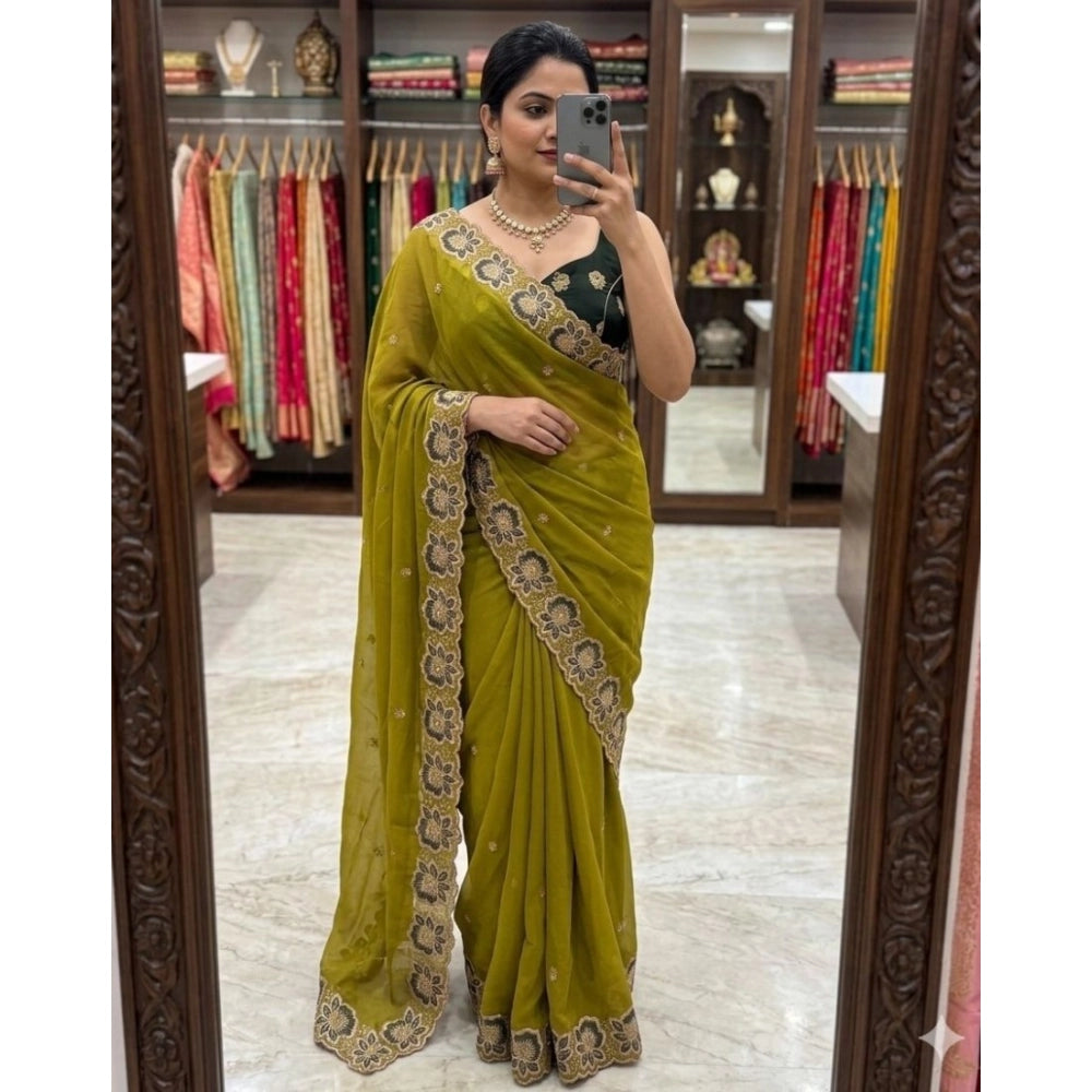 Women's Star Georgette Embroidered Saree With Unstitched Blouse 5.5mtr (olive Green) | Women Signature Collection