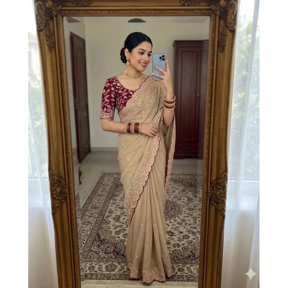 Women's Star Georgette Embroidered Saree With Unstitched Blouse 5.5mtr (beige) | Women Signature Collection