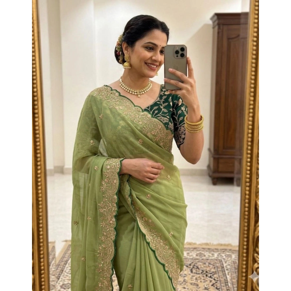 Women's Star Georgette Embroidered Saree With Unstitched Blouse 5.5mtr (green) | Women Signature Collection