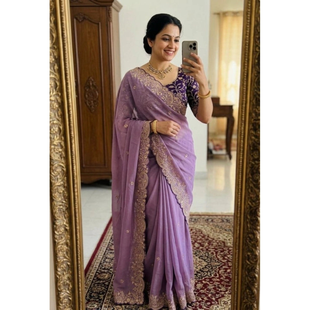 Women's Star Georgette Embroidered Saree With Unstitched Blouse 5.5mtr (purple) | Women Signature Collection