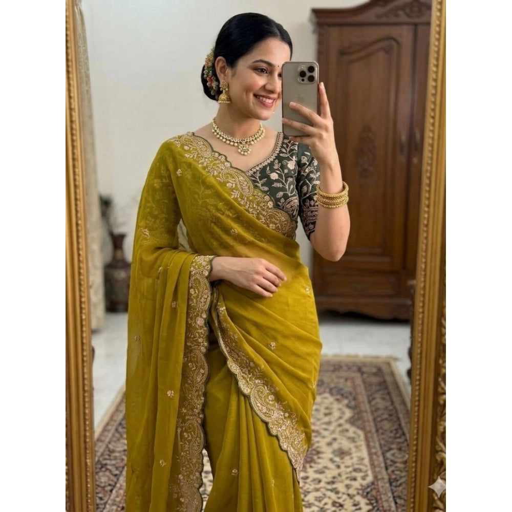 Women's Star Georgette Embroidered Saree With Unstitched Blouse 5.5mtr (mustard Yellow) | Women Signature Collection