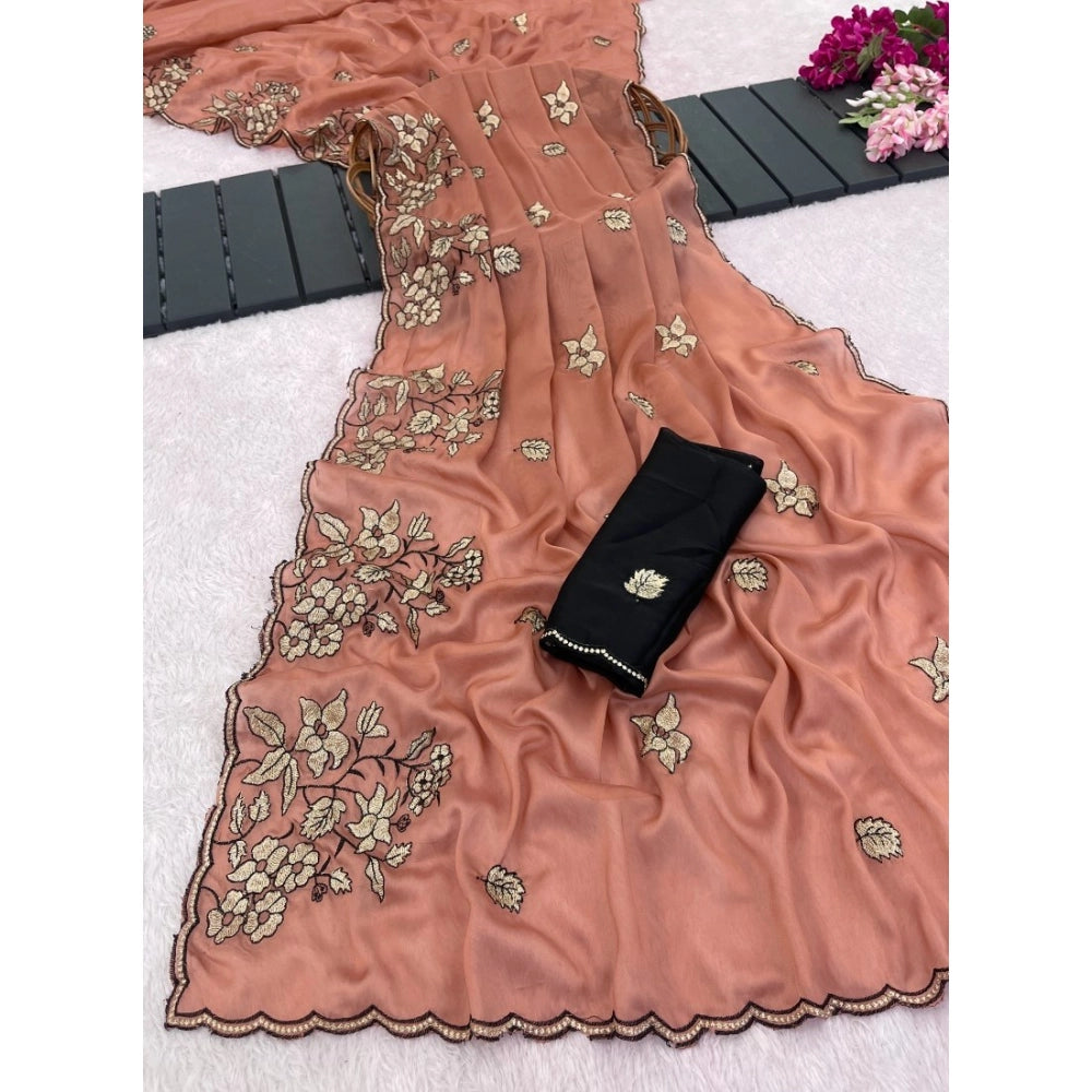Women's Viscose Silk Embroidered Saree With Unstitched Blouse 5.5mtr (peach) | Women Signature Collection