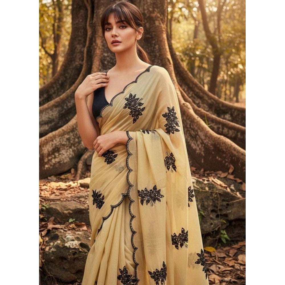 Women's Viscose Silk Embroidered Saree With Unstitched Blouse 5.5mtr (beige) | Women Signature Collection