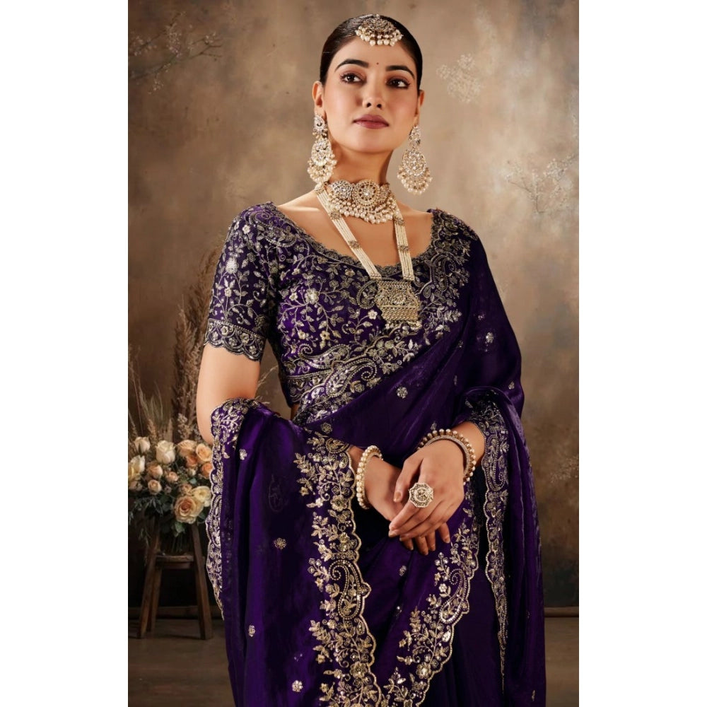 Women's Silk Embroidered Saree With Unstitched Blouse 5.5mtr (purple) | Women Signature Collection