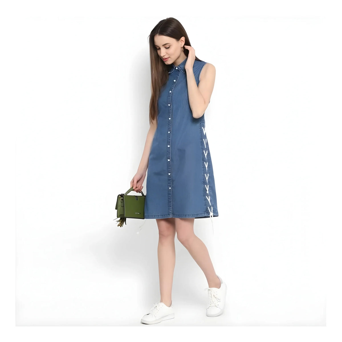 Women's Denim Solid Sleeveless Above Knee Dress (blue) | Women Signature Collection