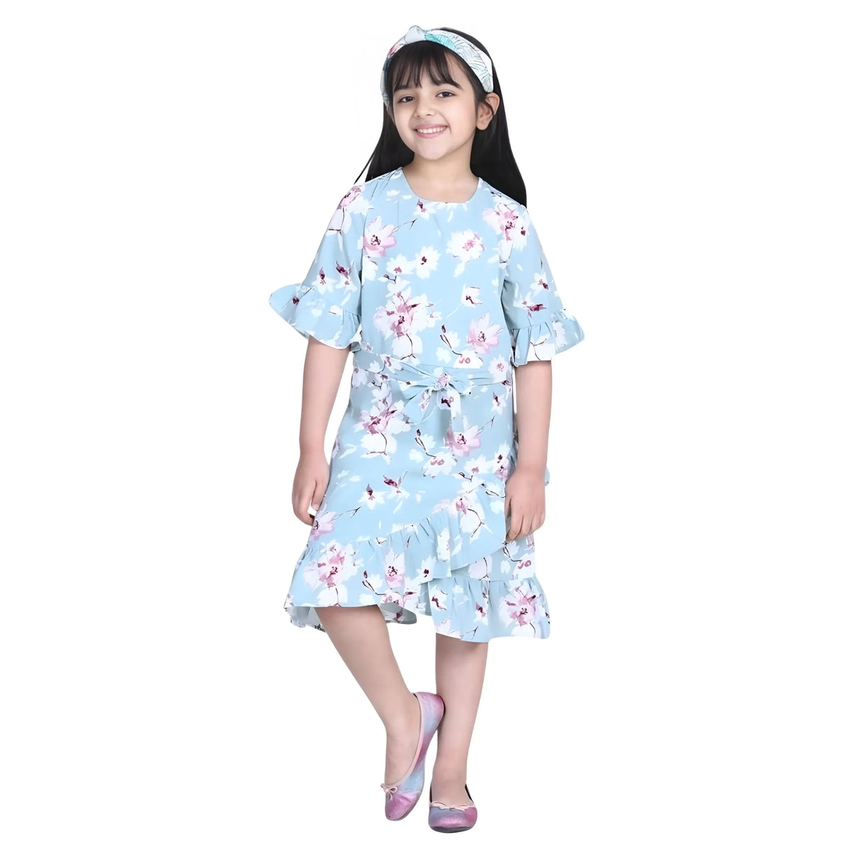 Girl's Polyester Crepe Floral Bell Sleeve Dress (turquoise Blue) | Kids Signature Collection