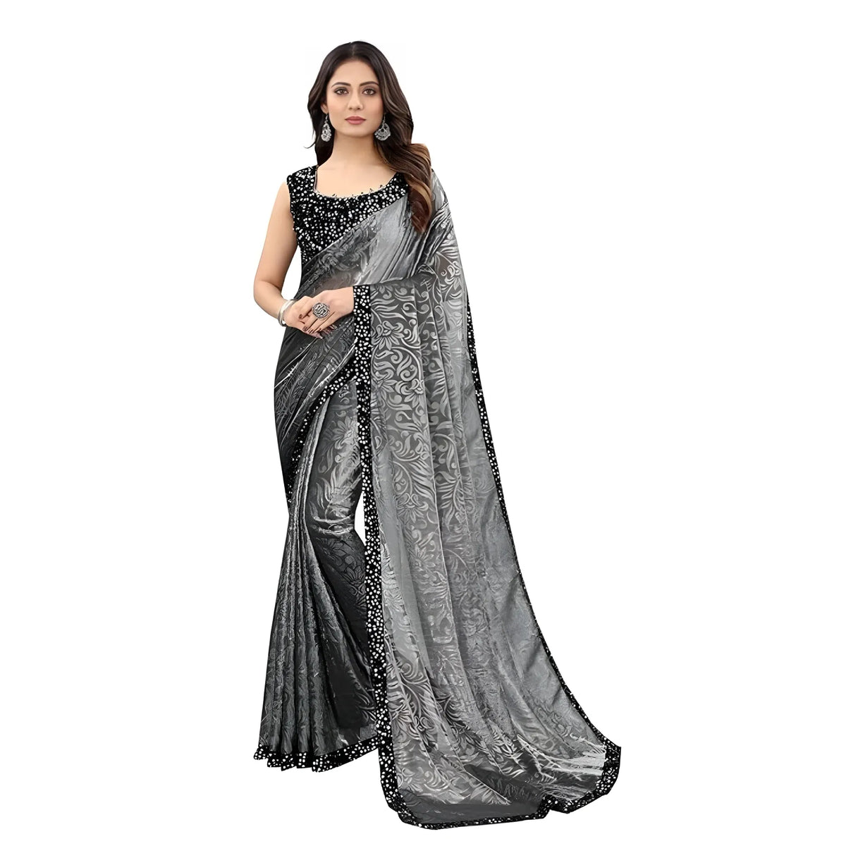 Women's Lycra Floral Saree With Unstitched Blouse (grey, 5.5 Mtr) | Women Signature Collection