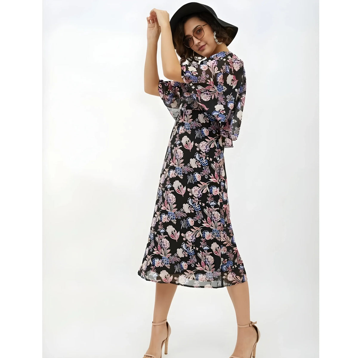 Women's Polyester Chain Print Cap Sleeve Calf Length Dress (multicolor) | Women Signature Collection