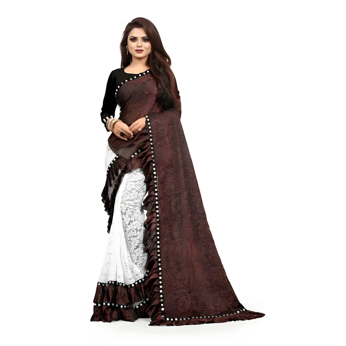 Women's Silk With Mirror Lace Solid Saree With Unstitched Blouse (brown, 5 5 Mtrs) | Women Signature Collection