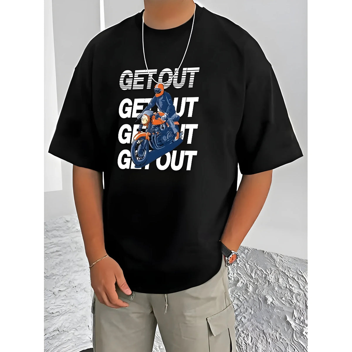 Men's Casual Cotton Blend Printed Round Neck Half Sleeve T-Shirt (Black)