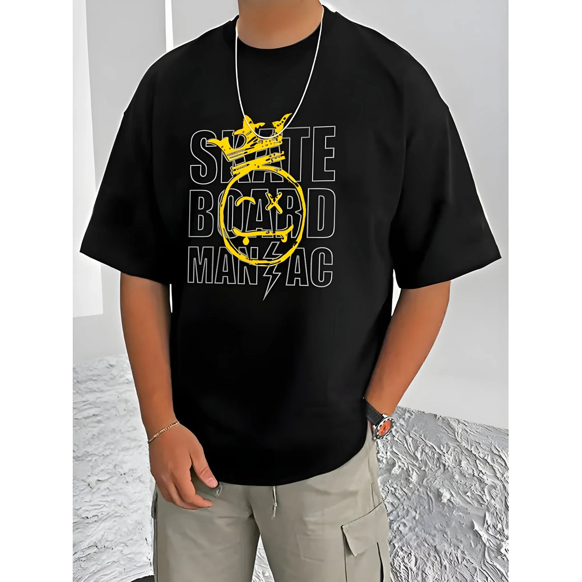 Men's Casual Cotton Blend Printed Round Neck Half Sleeve T-Shirt (Black)