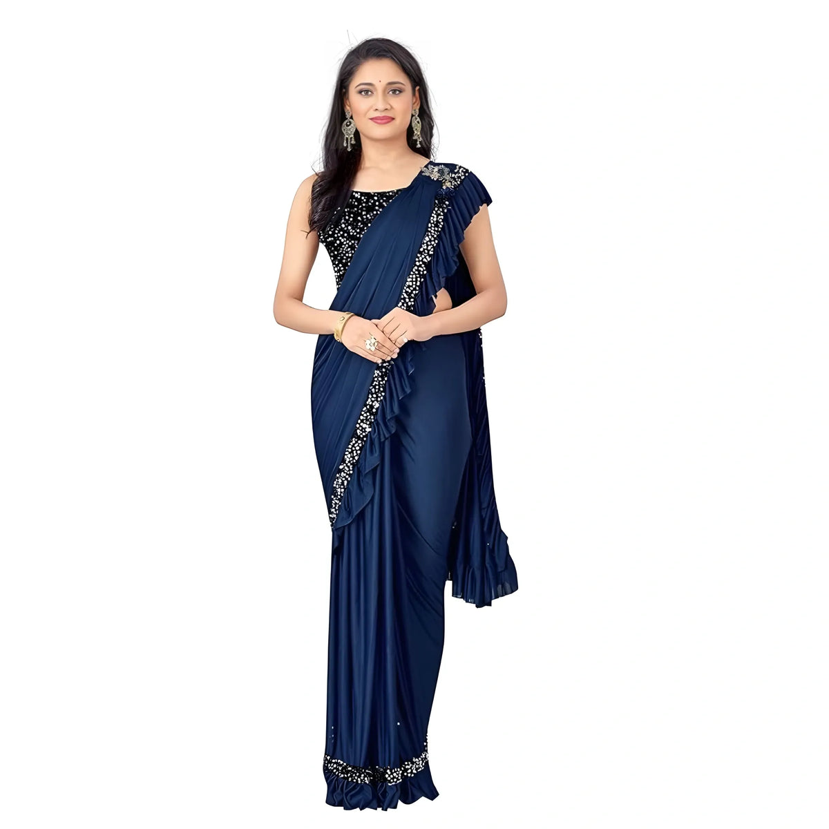 Women's Lycra Solid Saree With Unstitched Blouse (nay Blue, 5.5 Mtr) | Women Signature Collection