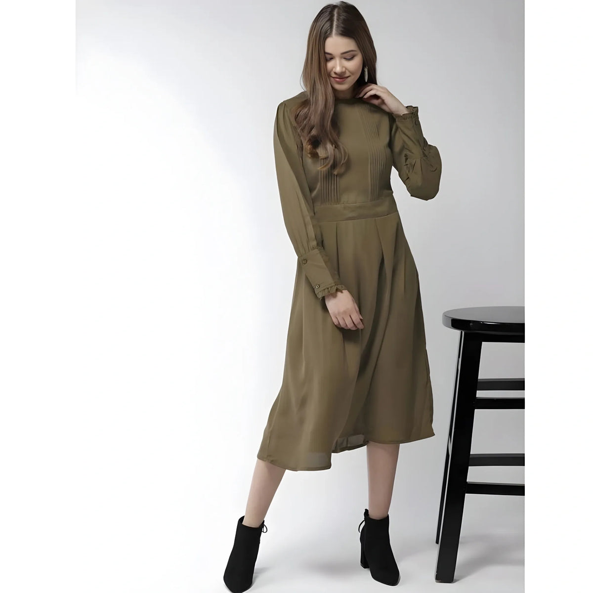 Women's Polyester Pintuck Long Sleeves Below Knee Dress (olive) | Women Signature Collection