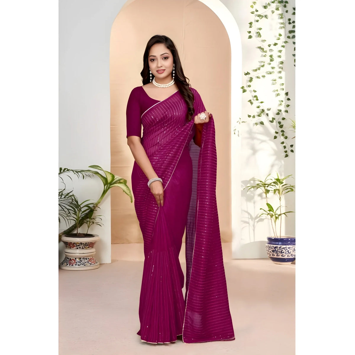 Women's Vichitra Silk Striped Saree With Unstitched Blouse 5.5mtr (purple) | Women Signature Collection