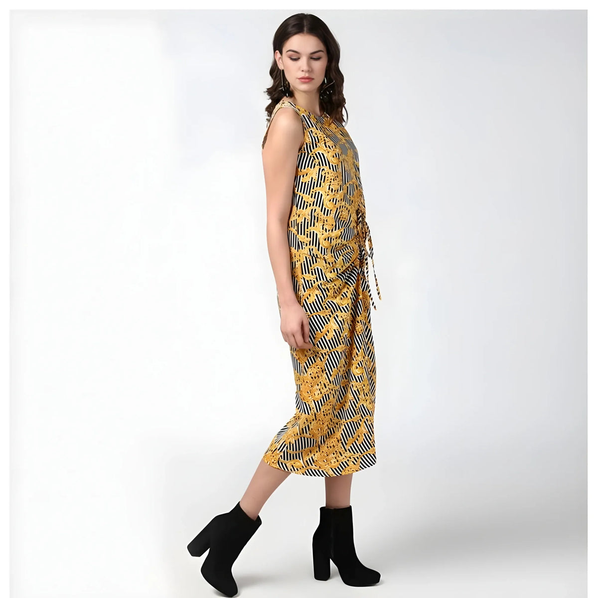 Women's Polyester Chain Print Sleeveless Below Knee Dress (yellow Black) | Women Signature Collection